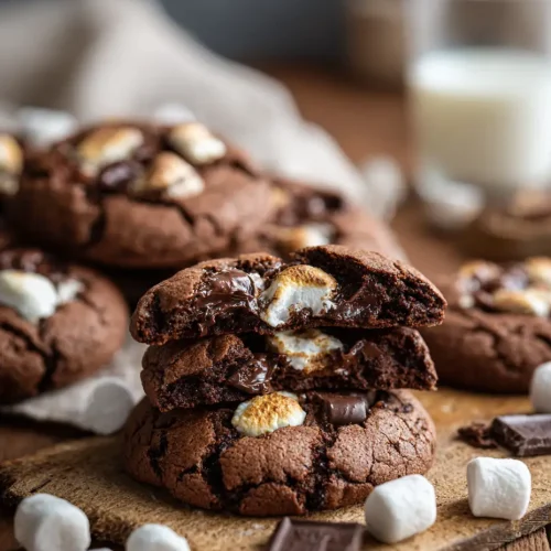 Chocolate marshmallow cookies stacked on a wooden board, with gooey melted chocolate and toasted marshmallows, surrounded by mini marshmallows and chocolate pieces.