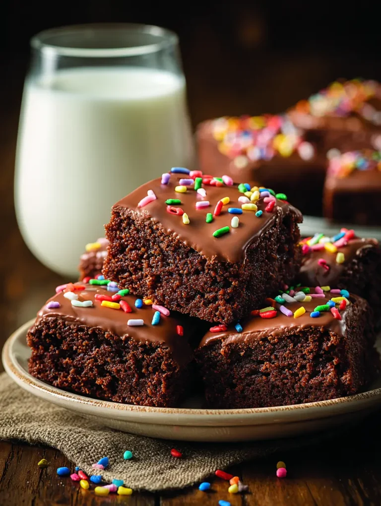 Cosmic brownies topped with chocolate frosting and colorful rainbow sprinkles, stacked on a plate with a glass of milk in the background.