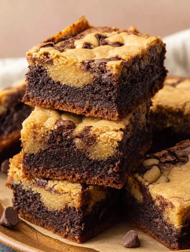 Close-up of stacked brookies with thick, fudgy brownie layers and golden cookie dough swirls, topped with melted chocolate chips.