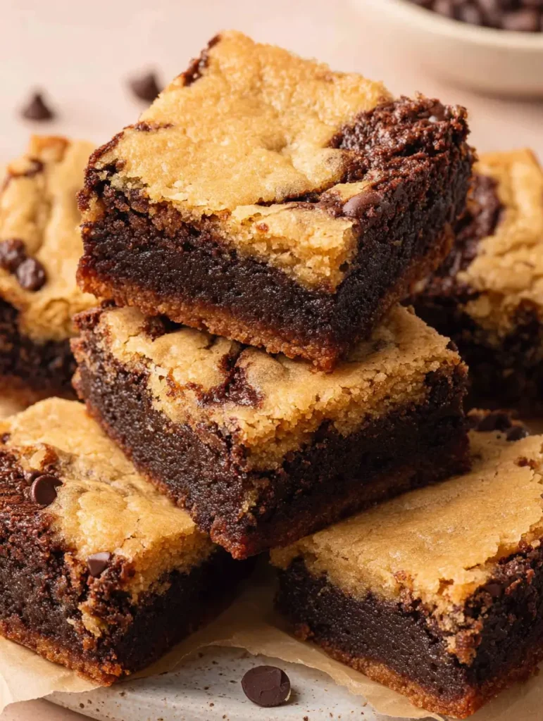 Stack of brookies featuring a dense, fudgy brownie base and a soft, golden cookie layer with scattered chocolate chips.