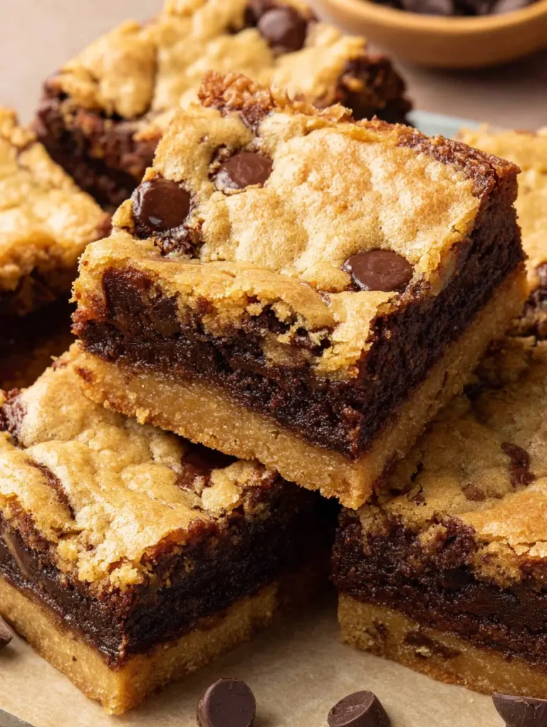 Stack of easy brookies with a golden cookie layer, rich chocolate brownie center, and chocolate chips on top, arranged on parchment paper.