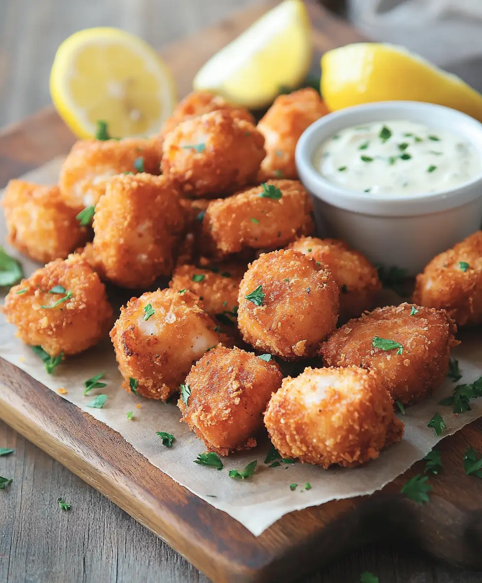 Golden, crispy fried salmon bites garnished with parsley, served on a wooden board with lemon wedges and a creamy dipping sauce in a small bowl.