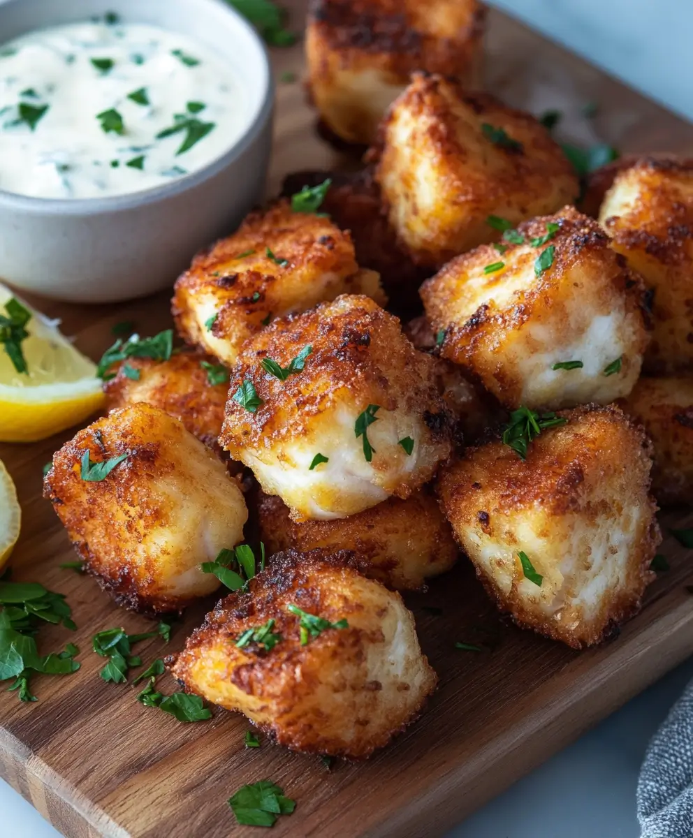Close-up of golden, crispy fried salmon bites on a wooden board, garnished with fresh parsley and served with creamy dipping sauce and lemon wedges.