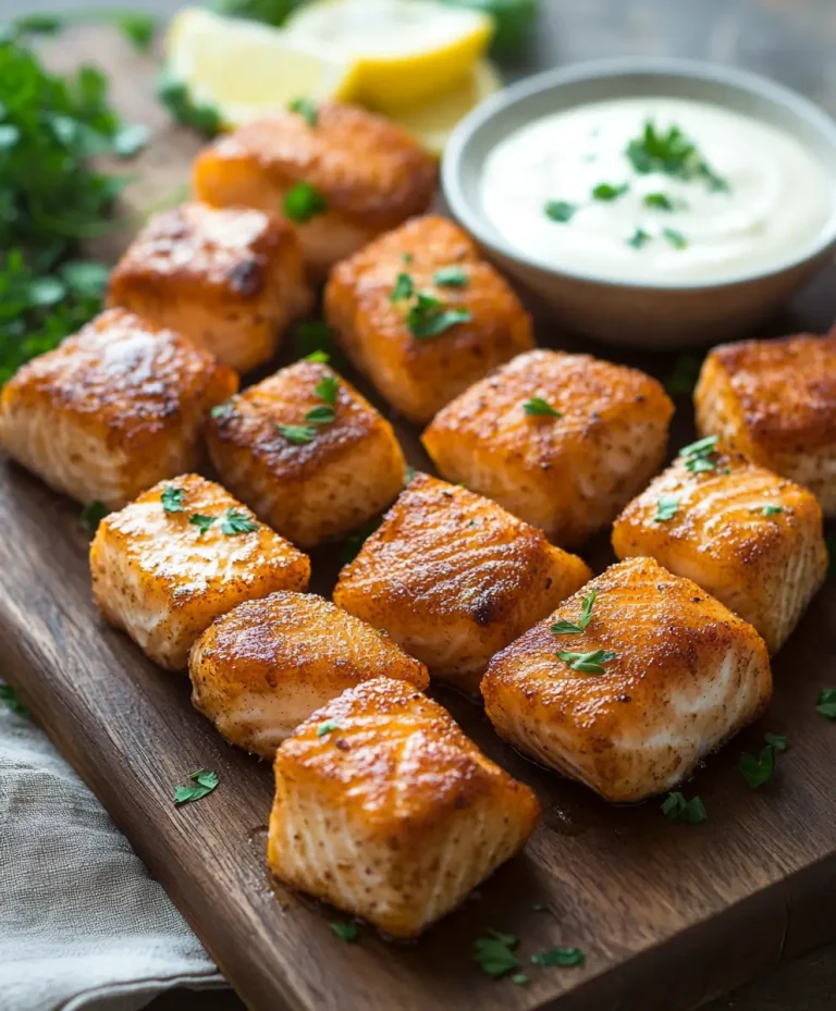 Golden brown fried salmon bites garnished with fresh herbs, served on a wooden board with a creamy dipping sauce and lemon wedges.