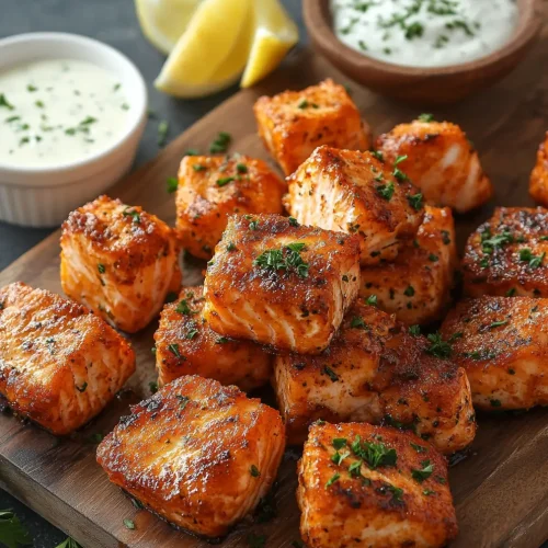 Golden, crispy fried salmon bites stacked on a wooden board, garnished with fresh parsley and served with two creamy dipping sauces and lemon wedges.