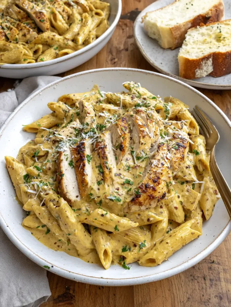 Creamy garlic parmesan chicken pasta with penne noodles topped with sliced grilled chicken breast, garnished with fresh parsley and grated parmesan cheese, served with slices of garlic bread.