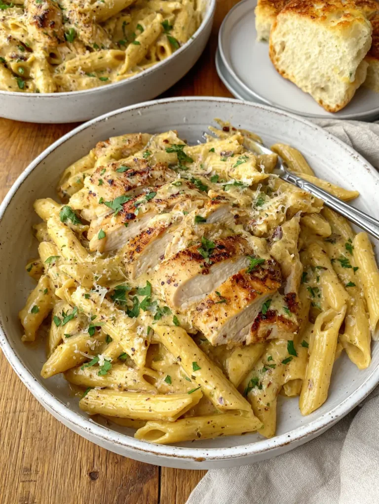 Garlic parmesan chicken pasta served in a bowl with creamy penne pasta topped with sliced grilled chicken breast, garnished with chopped parsley and grated parmesan cheese.
