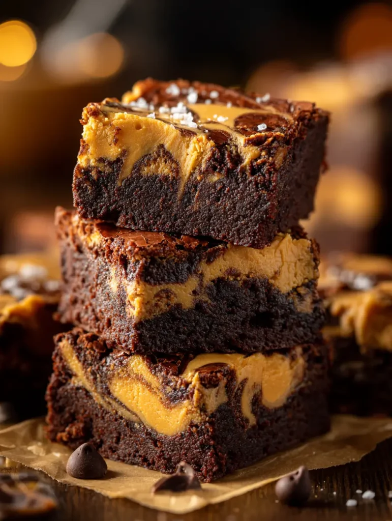 Stack of three peanut butter brownies with chocolate swirls and sea salt, arranged on parchment paper with chocolate chips scattered nearby.