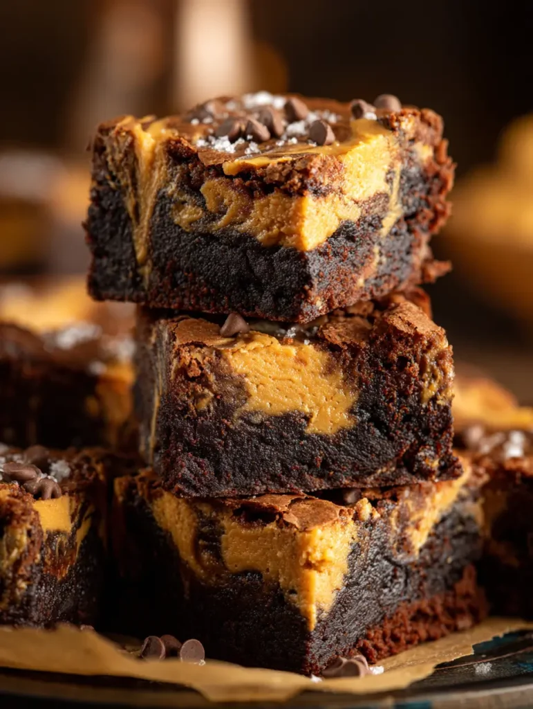 Stack of three peanut butter brownies with chocolate chips and a sprinkle of sea salt on top, set against a warm, blurred background.