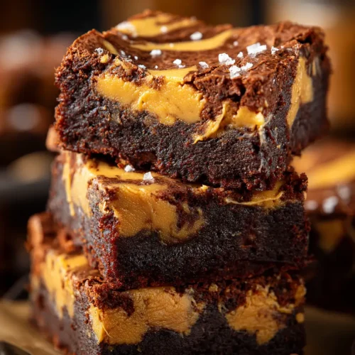 Stack of three fudgy peanut butter brownies with chocolate chips and a sprinkle of sea salt, placed on parchment paper.