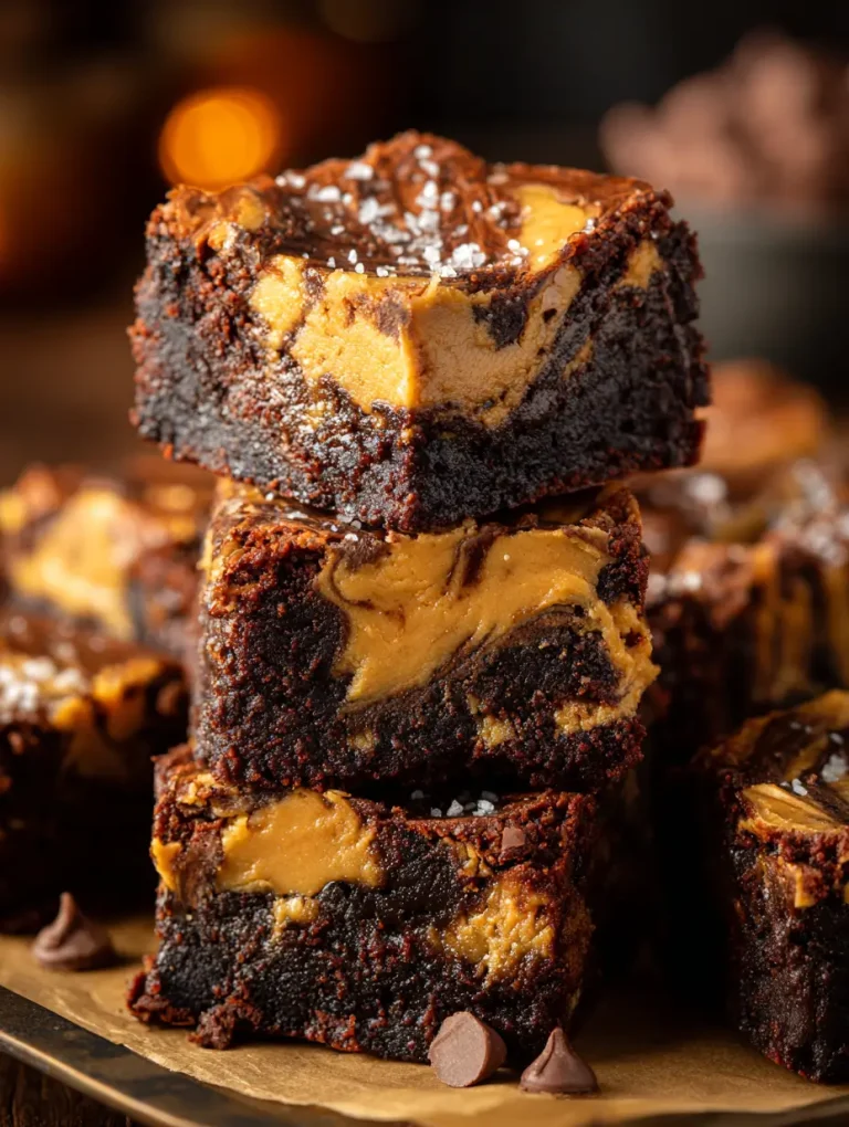 Stack of rich, fudgy peanut butter brownies with chocolate swirls and a sprinkle of sea salt, displayed on parchment paper with chocolate chips nearby.