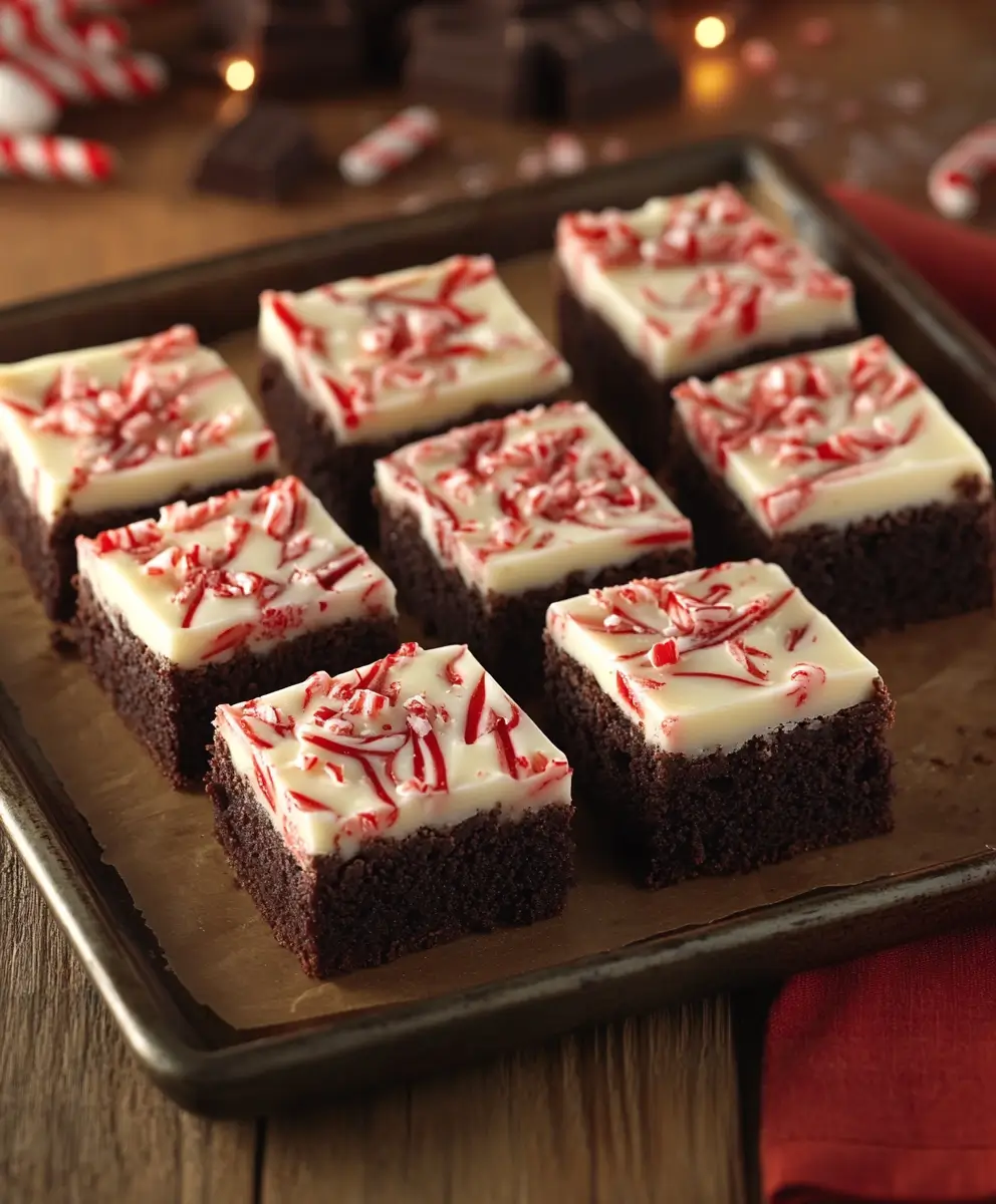 Chocolate peppermint bark brownies topped with white chocolate and crushed candy canes, neatly arranged on a baking sheet with a festive background.