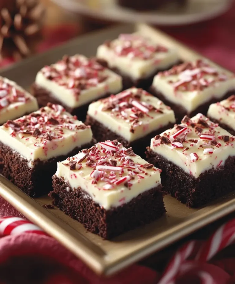 Chocolate peppermint bark brownies topped with a thick white chocolate layer and crushed peppermint candy, neatly arranged on a golden tray.