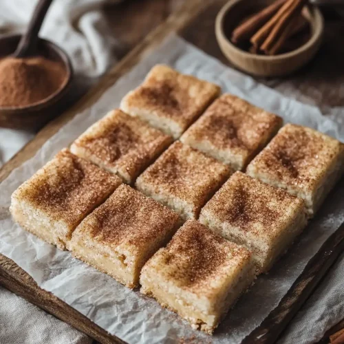 Snickerdoodle bars cut into squares, topped with a cinnamon sugar coating, displayed on parchment paper over a wooden board with cinnamon sticks and cinnamon sugar in the background.
