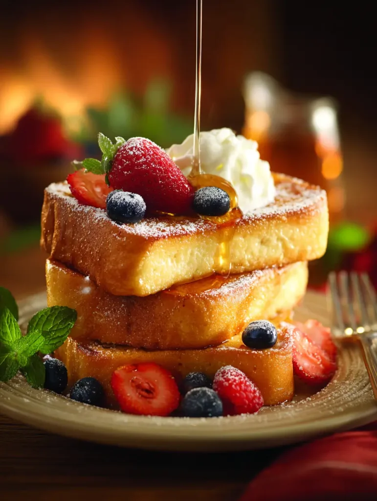 Close-up of sourdough French toast stacked on a plate, topped with whipped cream, fresh berries, and syrup being drizzled.