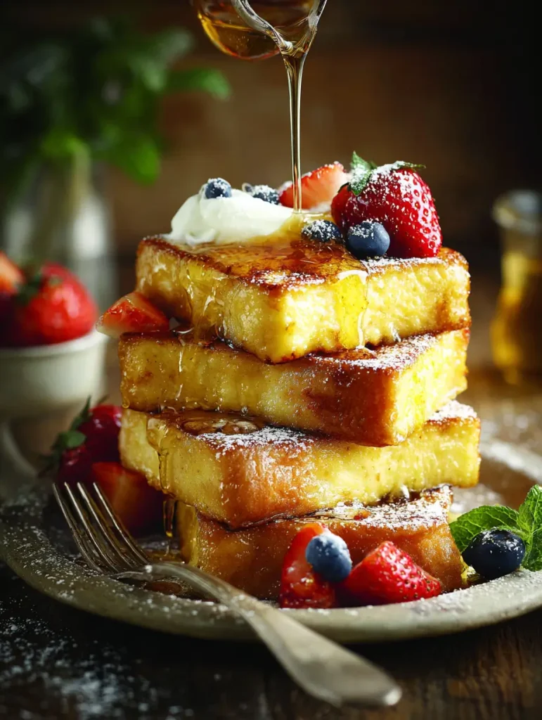 Stack of thick sourdough French toast slices topped with whipped cream, fresh berries, and maple syrup being poured from above.