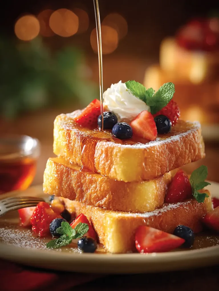 Thick slices of sourdough French toast stacked high, topped with whipped cream, strawberries, blueberries, and a drizzle of maple syrup.