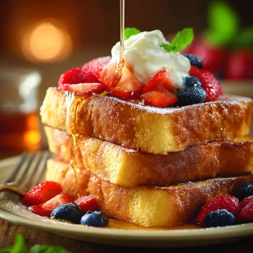 Golden stack of sourdough French toast slices topped with whipped cream, berries, and maple syrup drizzling from above.