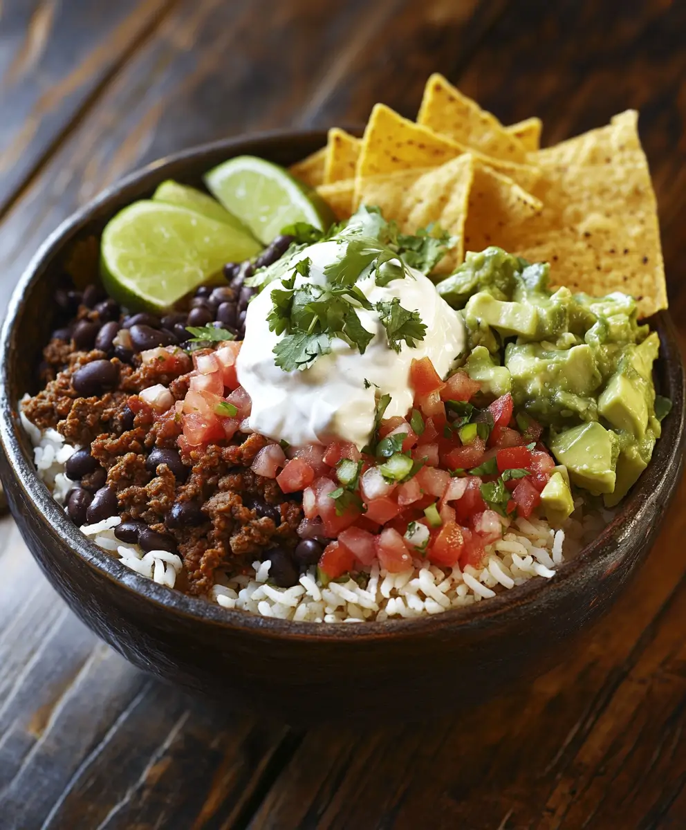 Taco bowl with seasoned ground beef, black beans, white rice, guacamole, pico de gallo, sour cream, cilantro, and tortilla chips in a wooden bowl on a rustic wooden table.