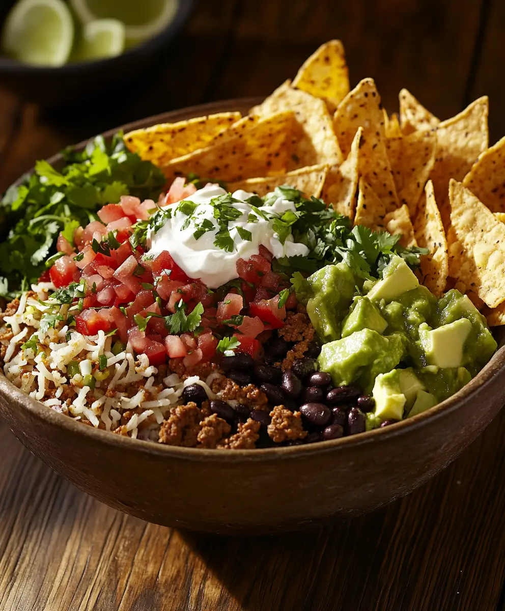 Taco bowl filled with seasoned ground beef, black beans, white rice, guacamole, pico de gallo, sour cream, cilantro, and tortilla chips in a rustic wooden bowl.