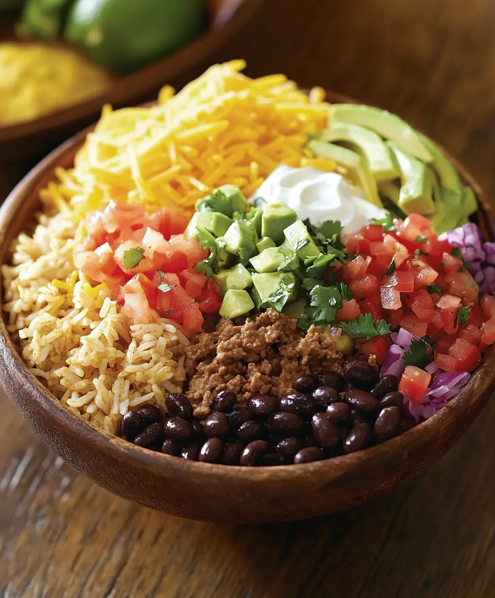 Taco bowl with seasoned rice, ground beef, black beans, shredded cheddar cheese, avocado slices, pico de gallo, diced red onions, avocado cubes, cilantro, and sour cream in a wooden bowl.