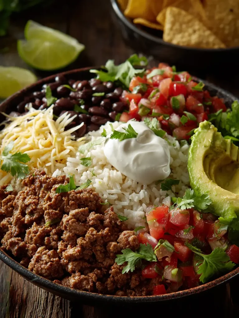 Close-up of a taco bowl filled with seasoned ground beef, white rice, black beans, shredded cheese, fresh pico de gallo, sliced avocado, and a dollop of sour cream, garnished with cilantro.