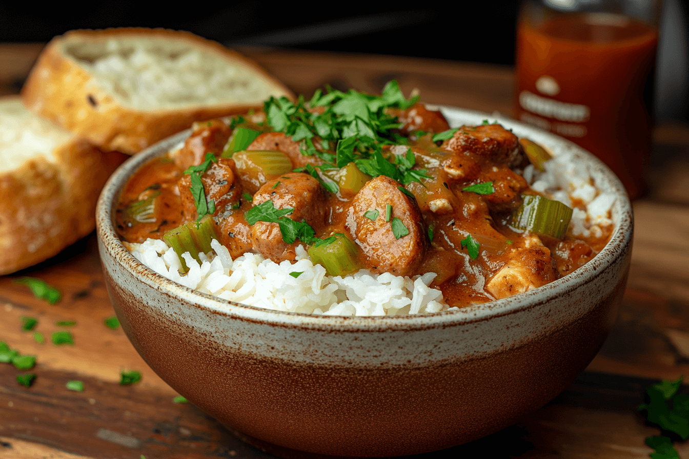 A hearty bowl of Cajun Chicken and Sausage Gumbo served over fluffy white rice, garnished with fresh parsley, with slices of crusty bread in the background on a wooden table.