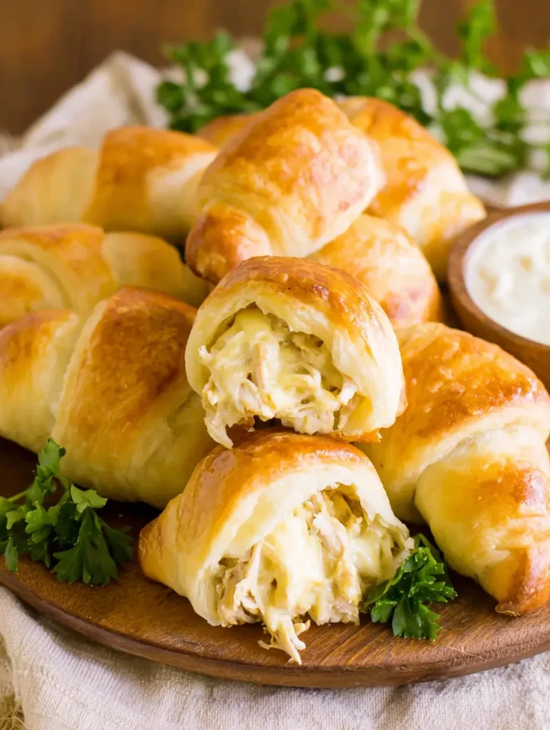 Flaky chicken crescent rolls filled with creamy shredded chicken, arranged on a wooden board with fresh parsley garnish.