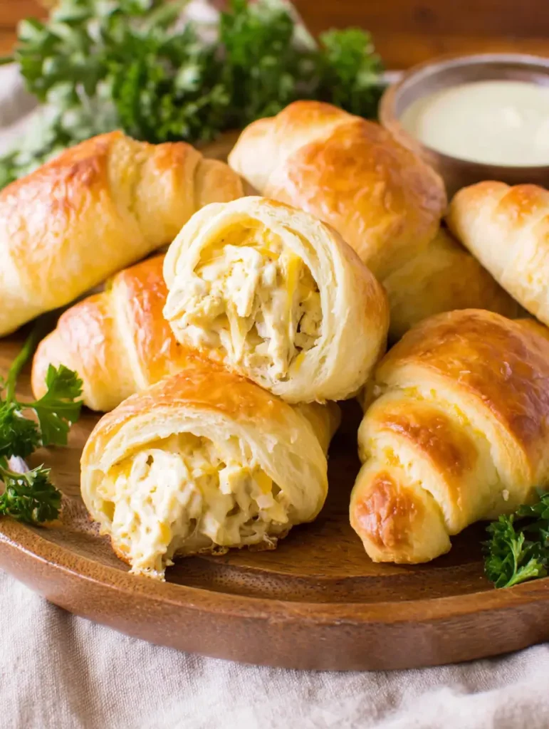 Golden chicken crescent rolls filled with creamy shredded chicken, displayed on a wooden plate with parsley and a bowl of dipping sauce in the background.