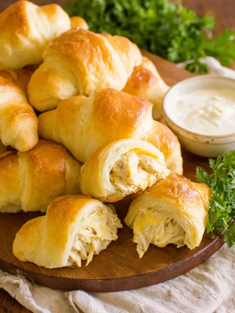 Golden-brown chicken crescent rolls on a wooden platter with a creamy dipping sauce and fresh parsley garnish.