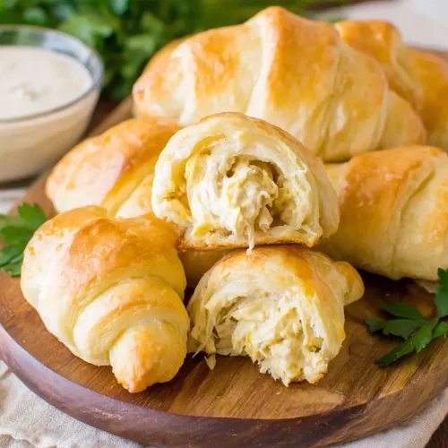 Flaky chicken crescent rolls with a creamy chicken filling, served on a wooden plate with a side of dipping sauce and fresh parsley in the background.