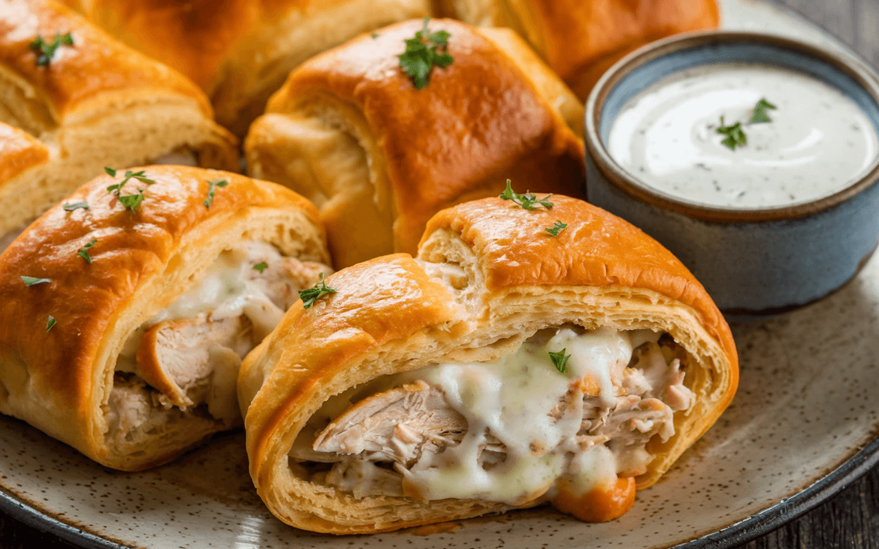 Golden-brown chicken crescent rolls filled with tender shredded chicken and creamy sauce, garnished with fresh parsley and served with a side of ranch dipping sauce on a ceramic plate.