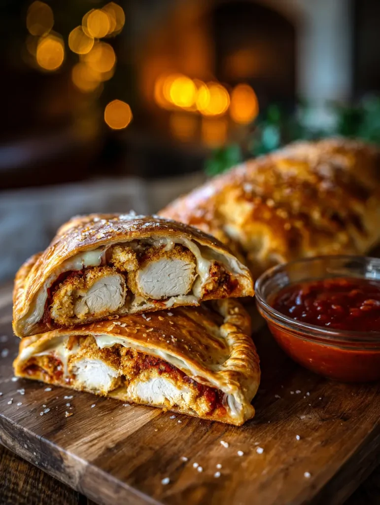 Chicken Parmesan calzone cut in half, stacked on a wooden board, showing crispy breaded chicken, marinara sauce, and melted cheese with a side of marinara dipping sauce.