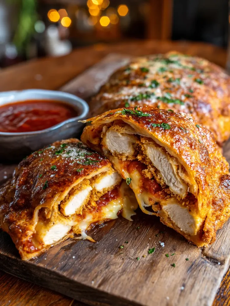 Golden brown Chicken Parmesan calzone sliced open to reveal crispy chicken, marinara sauce, and melted cheese, served on a wooden board with a side of marinara sauce.