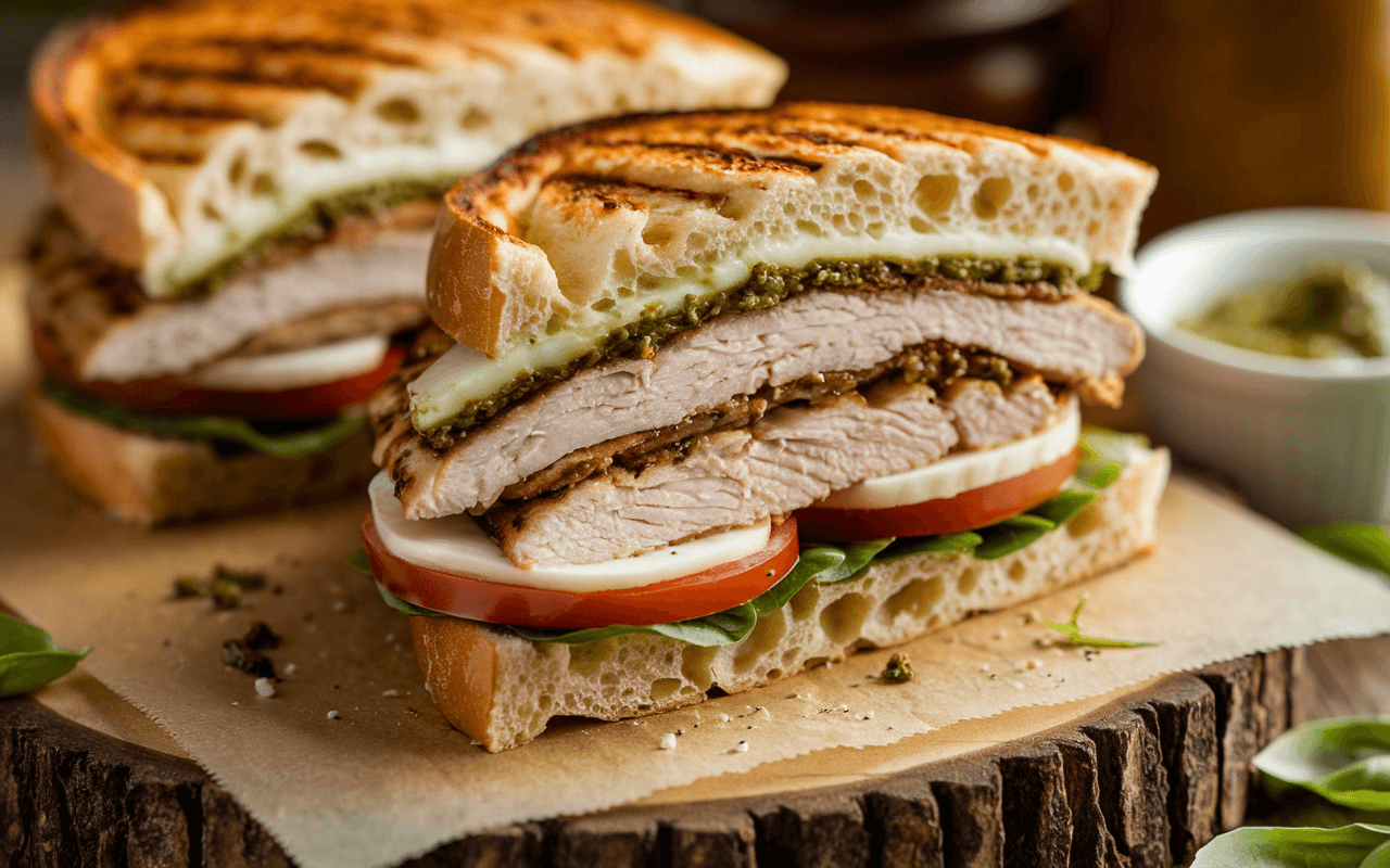 Grilled Chicken Pesto Sandwich with melted mozzarella, fresh tomatoes, and basil on toasted ciabatta bread.