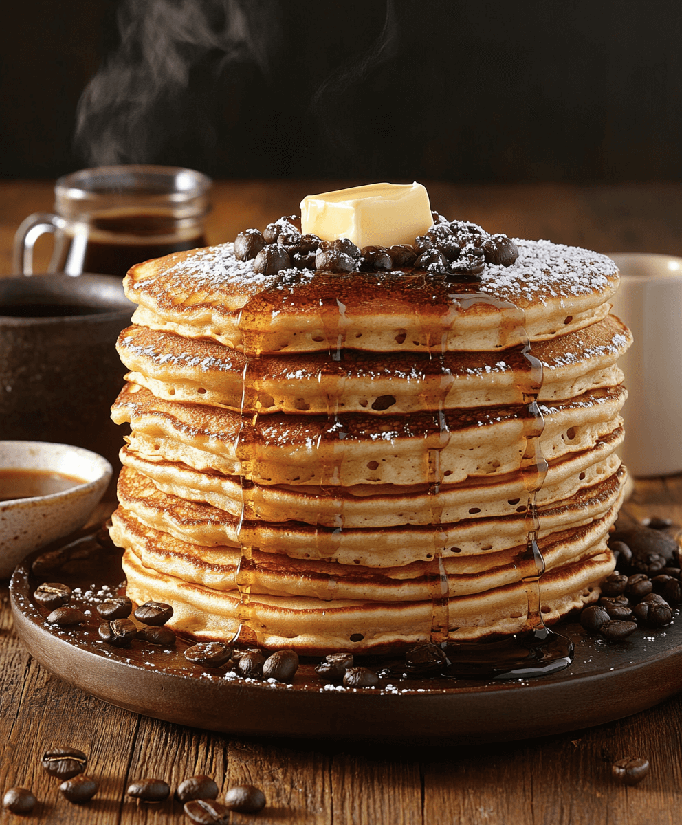 A tall stack of golden coffee pancakes topped with melting butter, powdered sugar, and coffee beans, drizzled with maple syrup, served on a wooden plate surrounded by loose coffee beans and a steaming cup of coffee in the background.