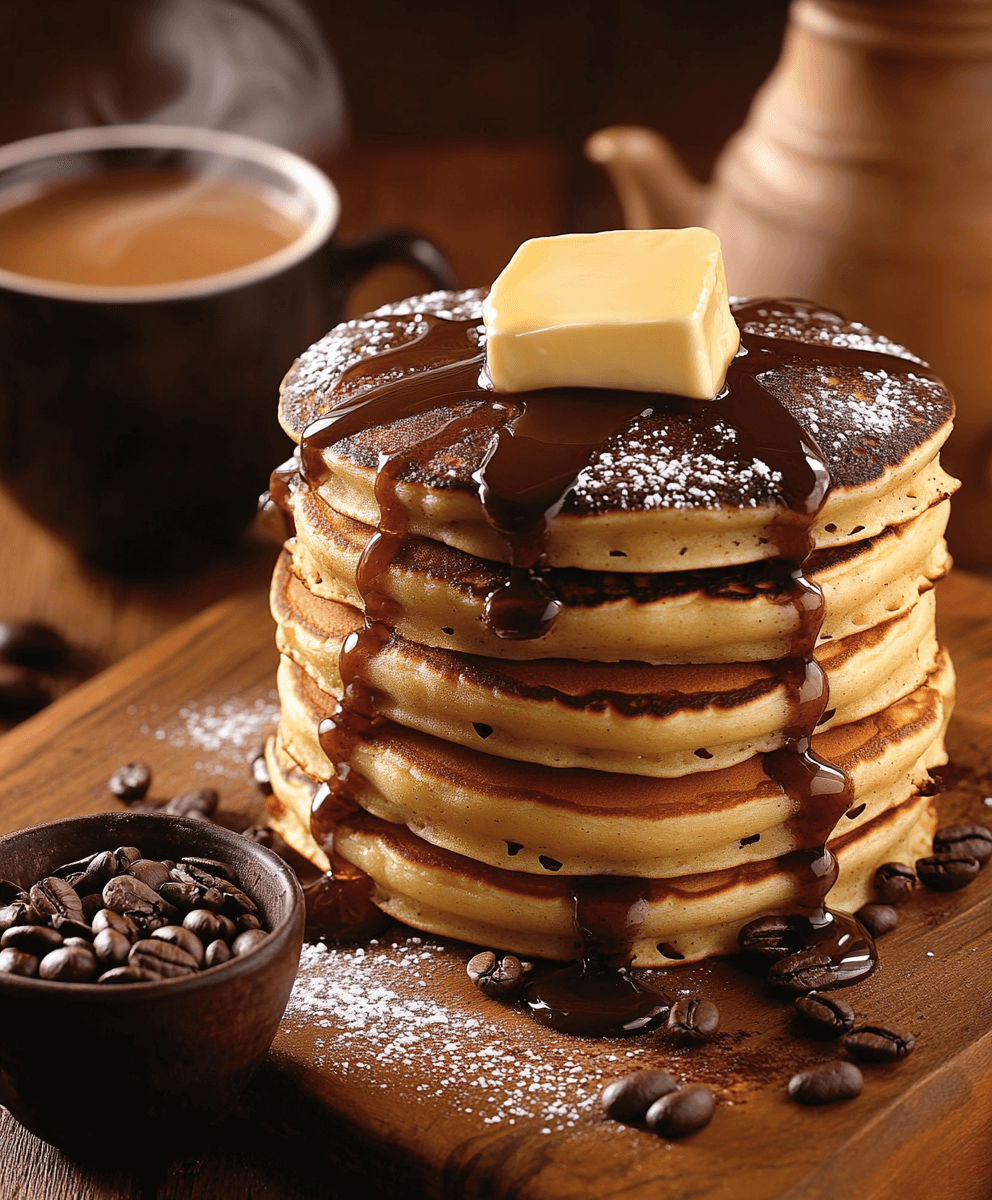 A stack of fluffy coffee pancakes drizzled with rich chocolate syrup and topped with a pat of butter, surrounded by coffee beans and served on a wooden board, with a steaming cup of coffee in the background.