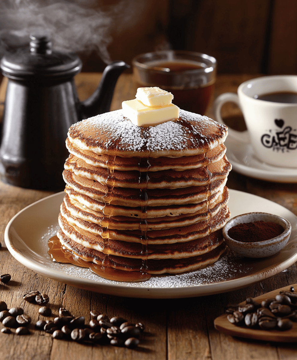 A towering stack of coffee pancakes dusted with powdered sugar, drizzled with syrup, and topped with butter, set on a plate surrounded by coffee beans, a bowl of cocoa powder, and steaming coffee in the background.
