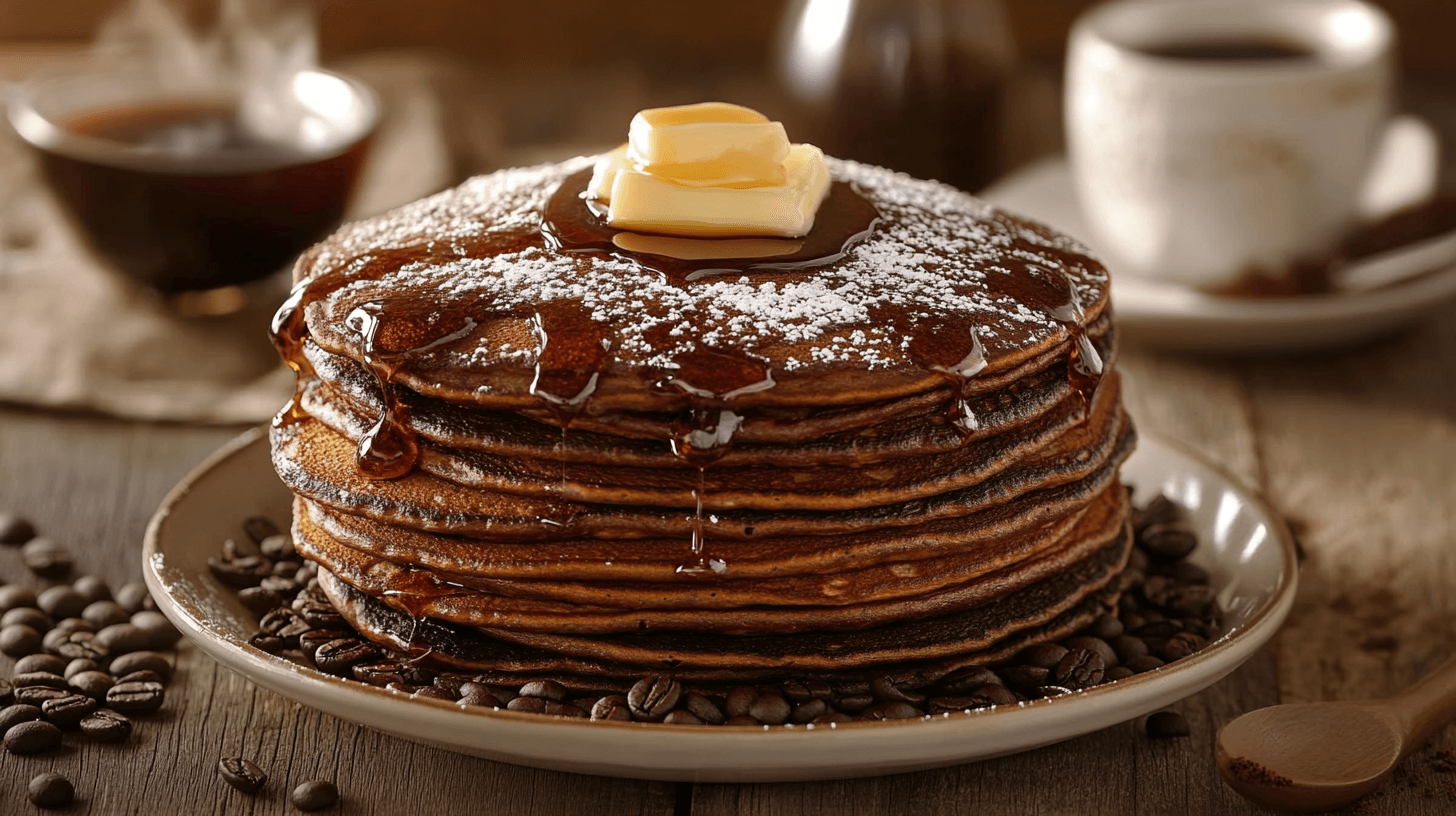 A stack of dark, rich coffee pancakes topped with melting butter, drizzled with syrup, and dusted with powdered sugar, served on a beige plate surrounded by coffee beans, with a steaming cup of coffee in the background.