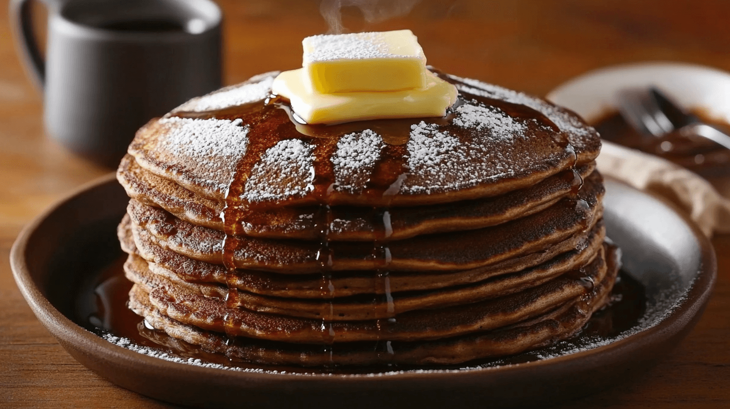 A stack of warm, fluffy coffee pancakes topped with a melting pat of butter, drizzled with syrup, and dusted with powdered sugar, served on a rustic brown plate with a cup of coffee in the background.