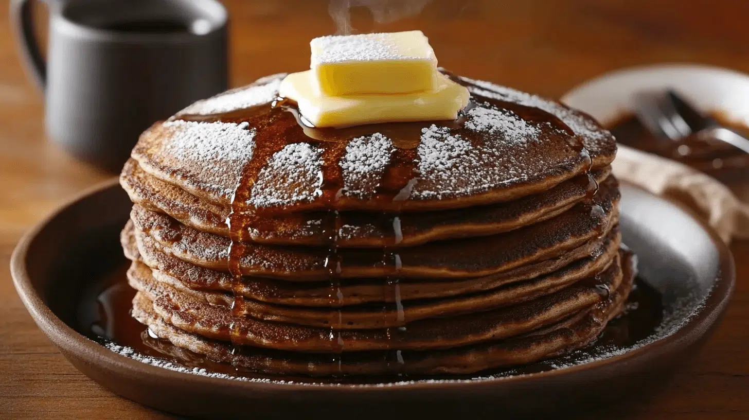 A stack of warm, fluffy coffee pancakes topped with a melting pat of butter, drizzled with syrup, and dusted with powdered sugar, served on a rustic brown plate with a cup of coffee in the background.