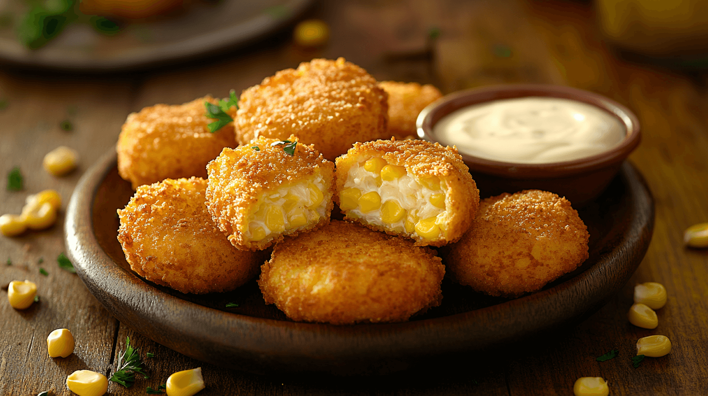 Golden brown crispy corn nuggets on a wooden plate, one split open to reveal creamy sweet corn filling, served with a side of dipping sauce.