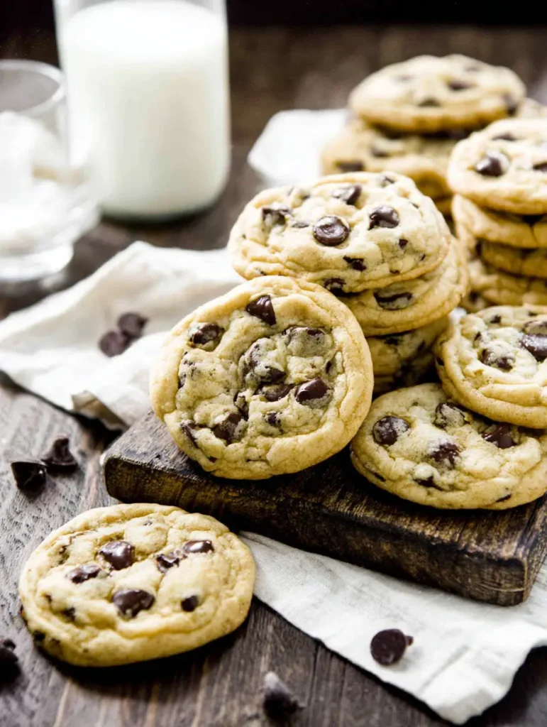 Stacked and scattered chocolate chip cookies on a rustic wooden board with a glass of milk in the background.