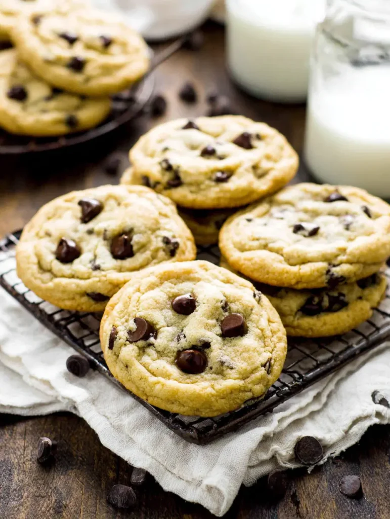 Close-up of freshly baked chocolate chip cookies on a cooling rack with chocolate chips and glasses of milk in the background.