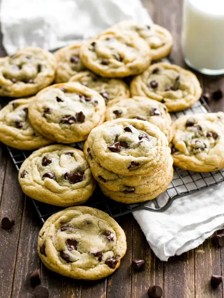 Freshly baked chocolate chip cookies stacked and scattered on a cooling rack, with a glass of milk and chocolate chips on a wooden surface.