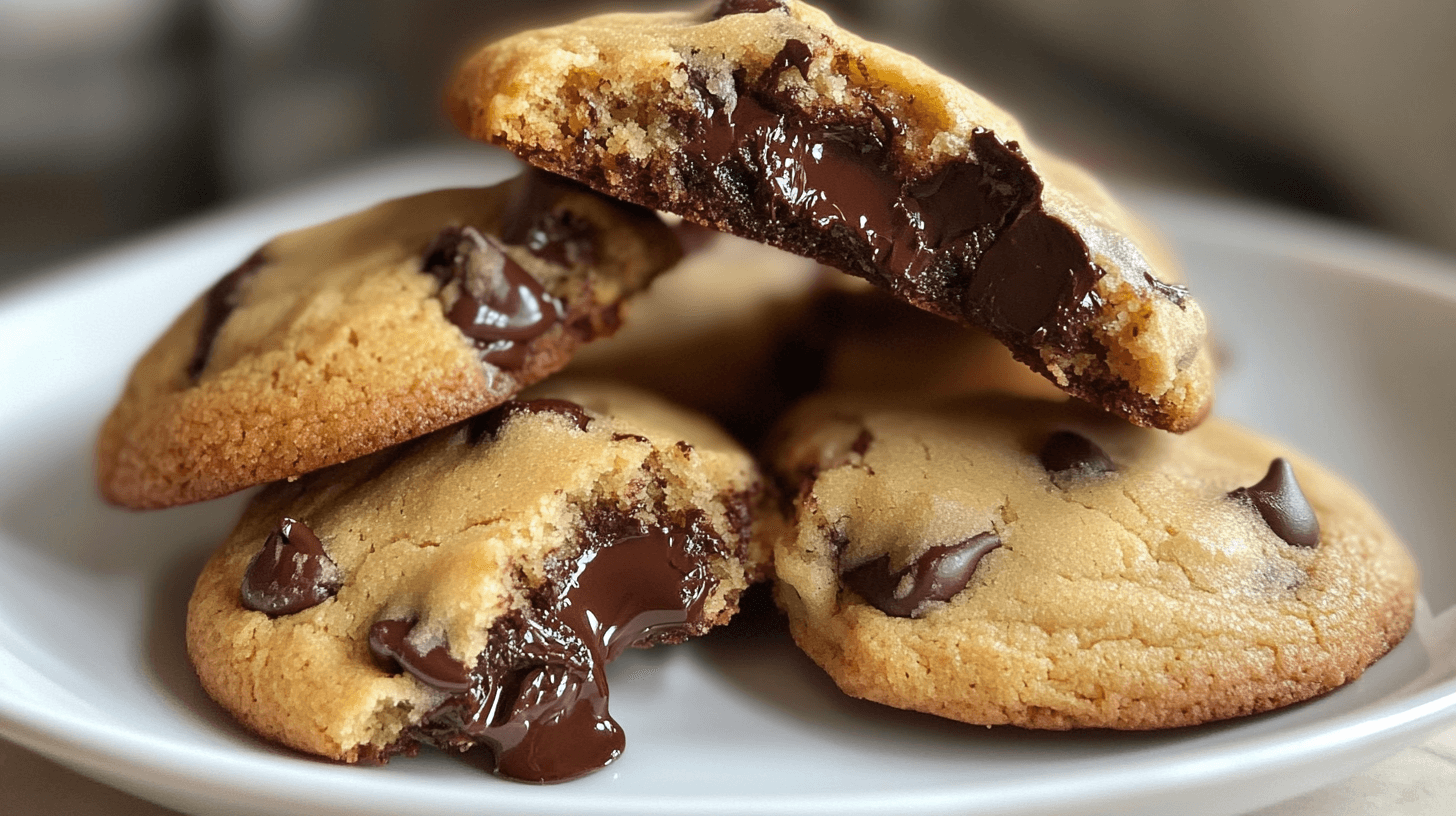 Stack of freshly baked chocolate chip cookies with melted chocolate oozing from the center.