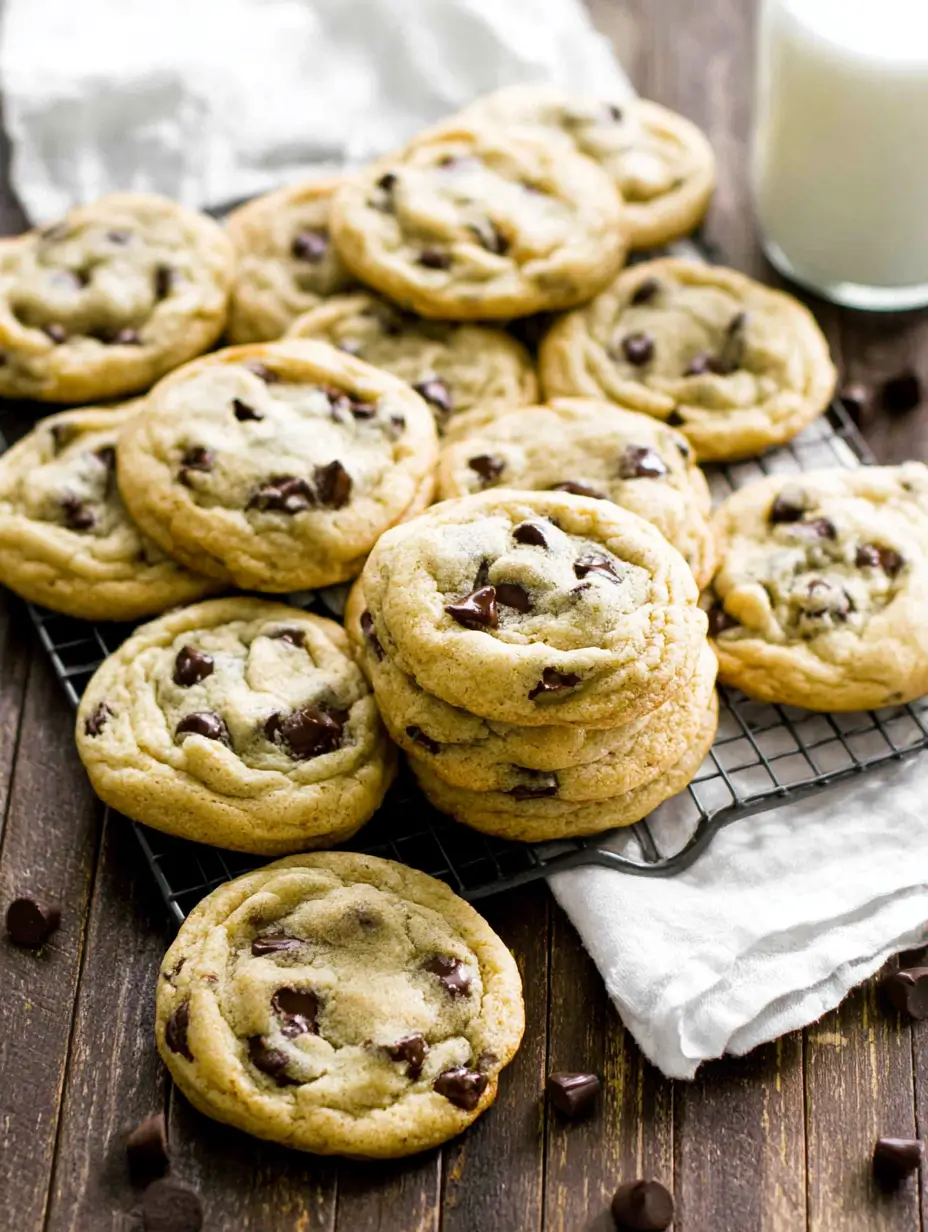 Freshly baked chocolate chip cookies stacked and scattered on a cooling rack, with a glass of milk and chocolate chips on a wooden surface.