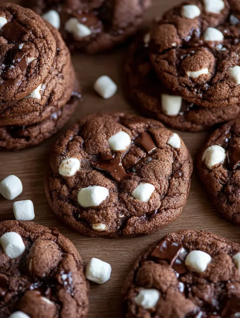 Freshly baked hot chocolate cookies topped with mini marshmallows and melted chocolate chunks, arranged on a wooden surface.