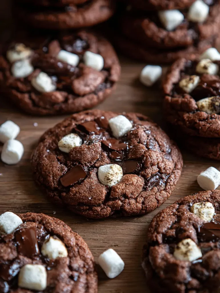 Hot chocolate cookies with gooey chocolate chunks and toasted mini marshmallows on a wooden surface, surrounded by scattered marshmallows.