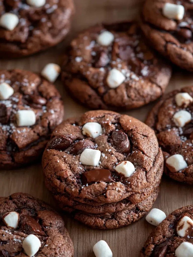 Chewy hot chocolate cookies topped with melted chocolate chunks, mini marshmallows, and a sprinkle of sea salt, arranged on a wooden surface.